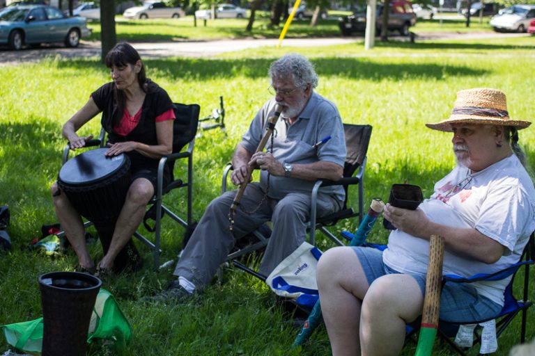 The drum circle group plays an ecclectic assortment of instruments