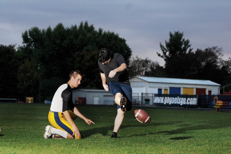 Fifth-year student Nick Green (right) is a quarterfinalist in the Wendy's Kick for a Million challenge in Toronto on Saturday. He practiced with Gaels' kicker Dan Village (left) during the team's football practice on Tuesday at Richardson Stadium.