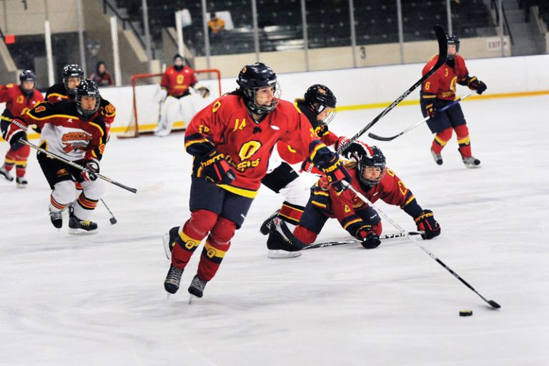 Gaels forward Taryn Pilon controls the puck during her team’s shootout loss to Guelph at the Memorial Centre on Saturday.