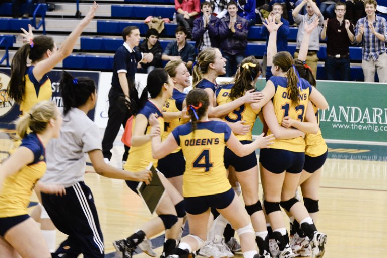 The women’s volleyball team celebrates a five-set win over the Ottawa Gee-Gees at the ARC on Friday night.