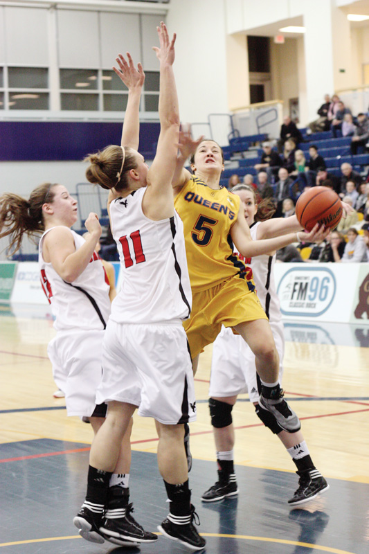 Guard Brittany Moore puts up a shot during her team's 60-42 loss to the Carleton Ravens at the ARC on Saturday night.