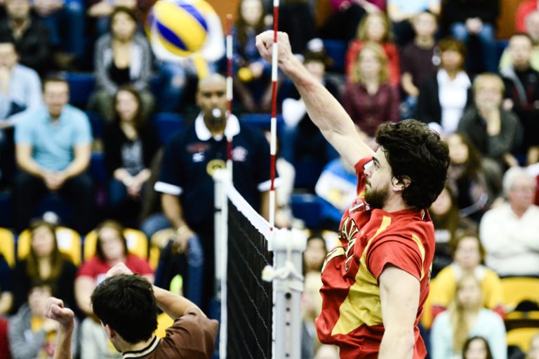 Karl De Grandpré spikes a ball in Laval's 3-1 semifinal win over Manitoba.