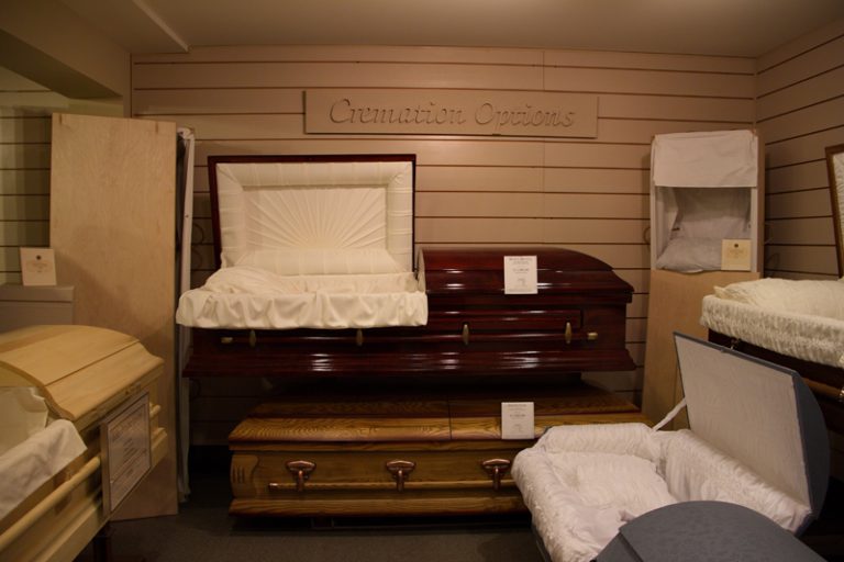 There are 17 caskets kept in the selection room at Robert J. Reid & Sons funeral home at Barrie and Johnson Streets.