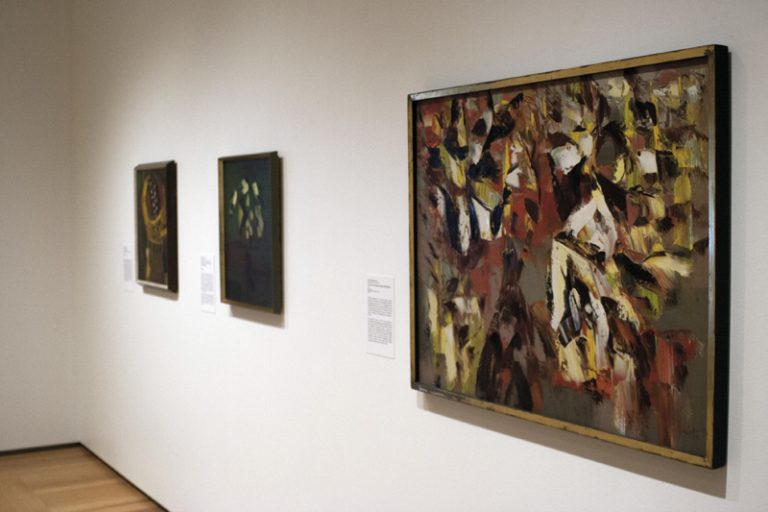 Paul-Émile Borduas’ exhibit Figure With Birds contains a series of rebellious surrealist pieces painted with warm