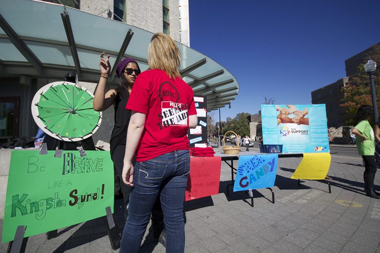 Students take part in “1 in 4” in front of Stauffer Library on Wednesday.