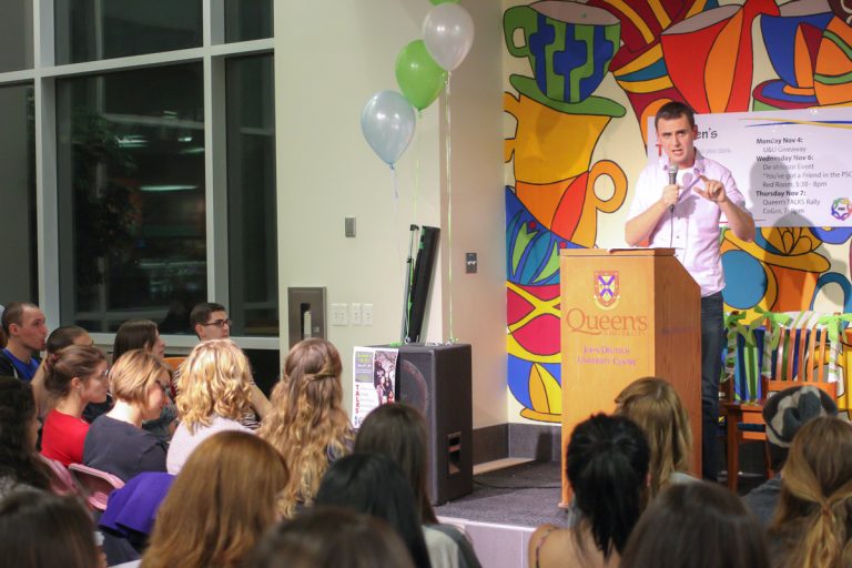 Christopher Walasek speaking about mental health resources on campus last night.