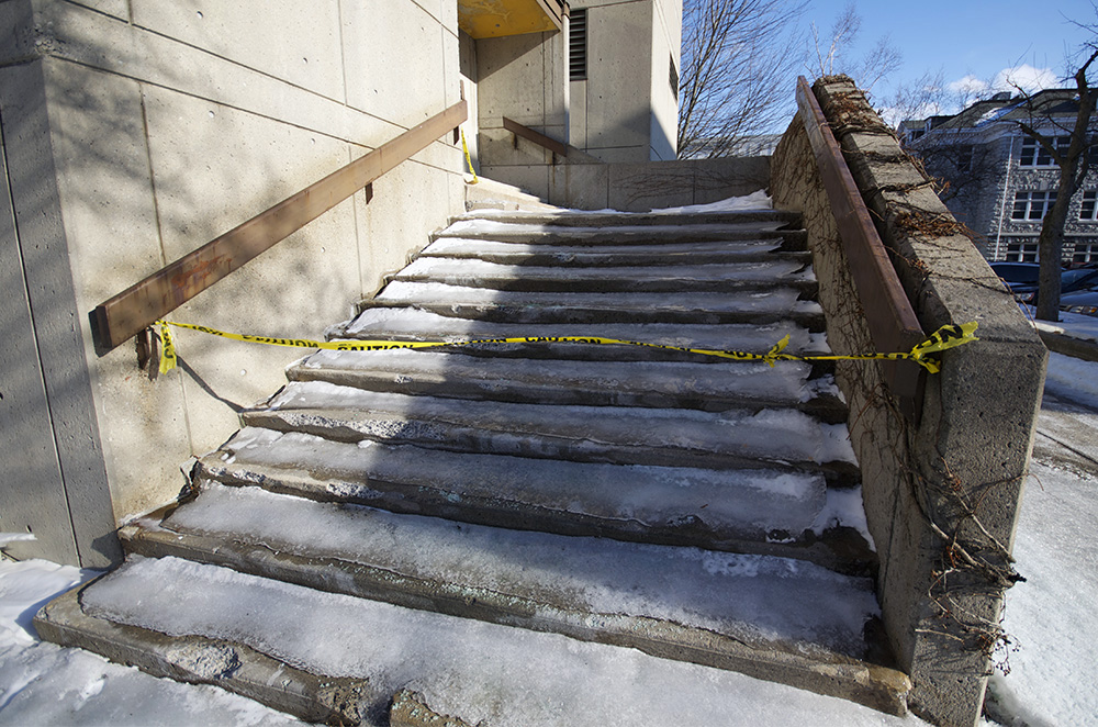Slippery steps were a result of the ice storm.