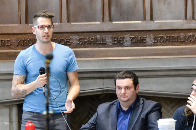 Sean Field and Kevin Wiener at the SGPS debate on March 18.