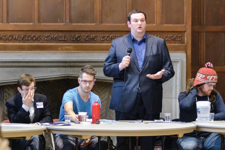 Presidential candidate Kevin Wiener speaks during the SGPS debates on Tuesday.