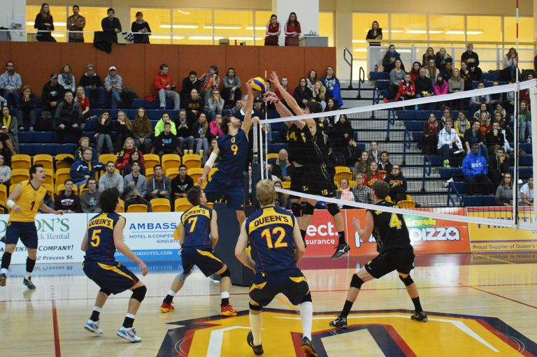 The Waterloo Warriors established a strong blocking game to defeat the Gaels in four sets.