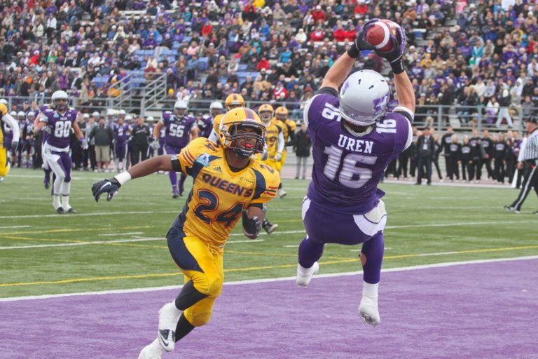 Mustangs receiver Matt Uren made a circus catch in the end zone near the end of the second quarter