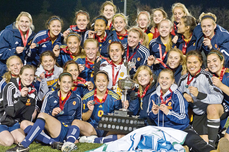 The women’s soccer team celebrates its OUA gold medal in Waterloo last weekend. They beat the University of Alberta Golden Bears 2-1 in the national quarter-final yesterday.
