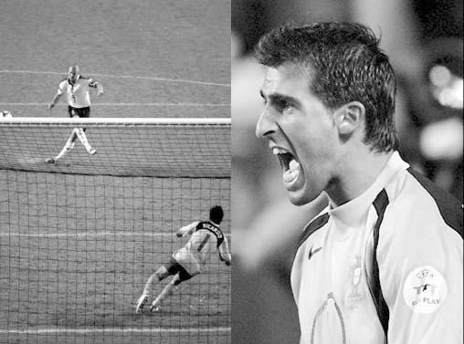 Penalty zeroes and heroes: David Beckham missed (left) but Ricardo (right) scored.