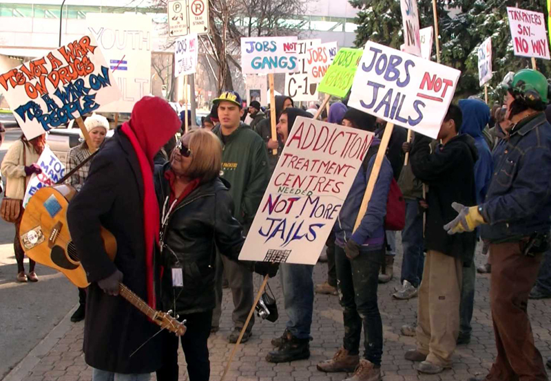 Protesters demonstrate against the Conservative crime bill in Winnipeg on Nov. 8
