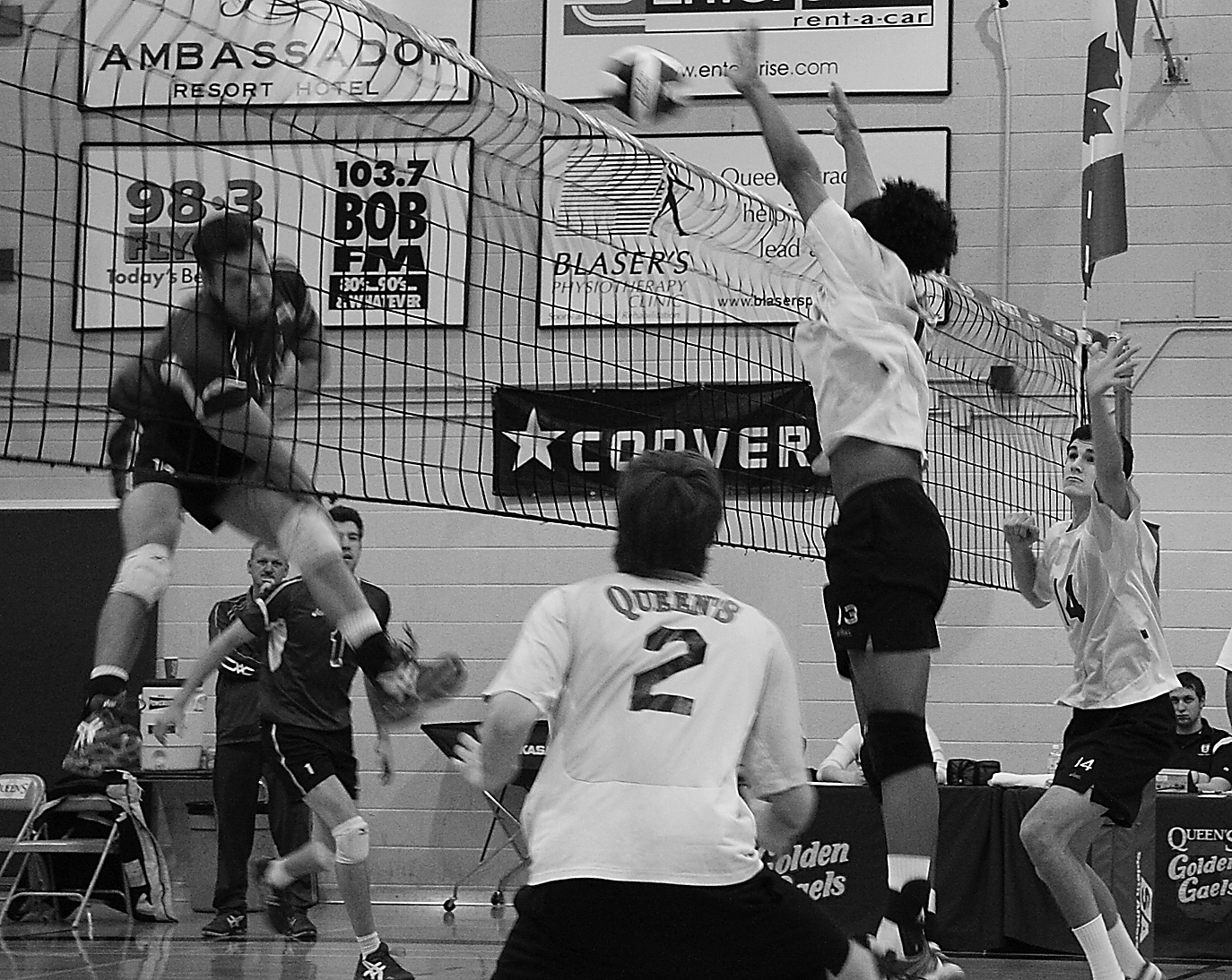 Gaels’ middle hitter Michael Amoroso goes up for a block against Ryerson in the OUA semifinals Feb. 16. The Gaels beat the Rams in four sets