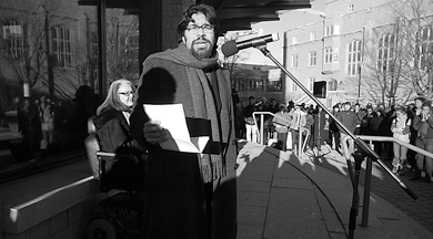 History professor Adnan Hussain speaks at last Wednesday’s Rally Against Racism.