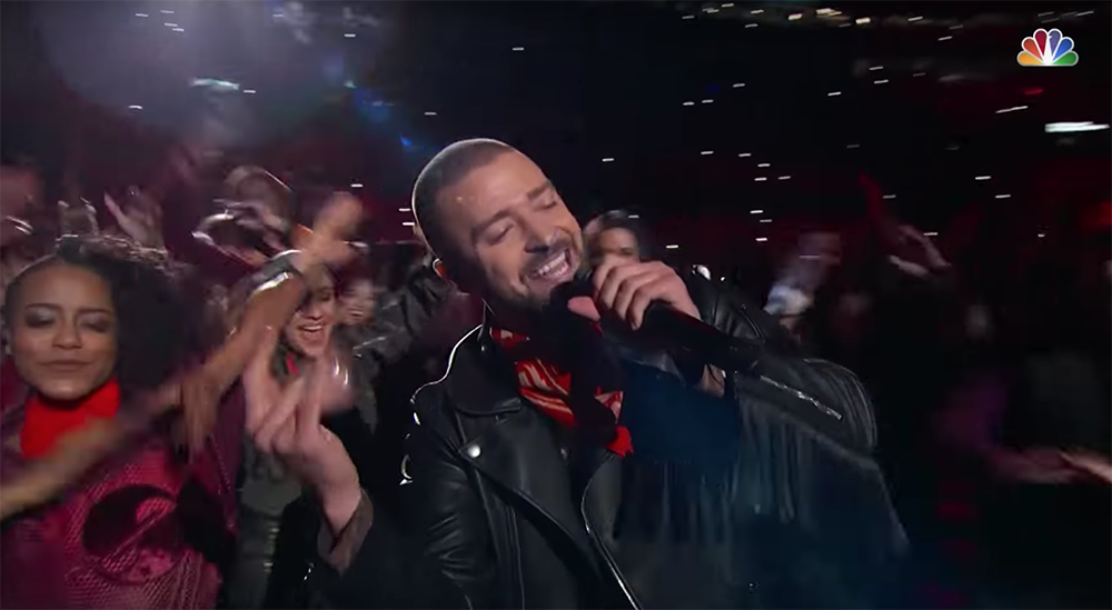 Justin Timberlake during his Super Bowl performance of "Can't Stop the Feeling".