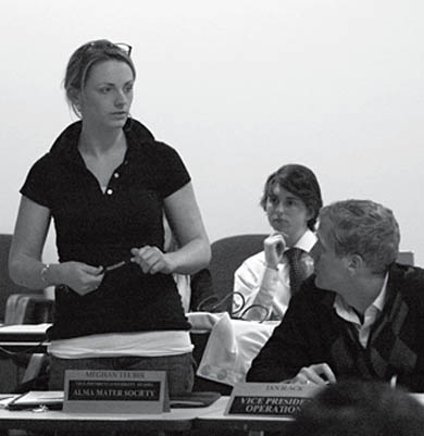 AMS VP (UA) Meghan Teuber speaks at the AMS Annual General Meeting Tuesday.