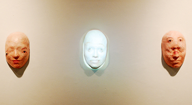 Miya Turnbull’s nine paper-mâché masks unravel her facial features and present multiple representations of herself.