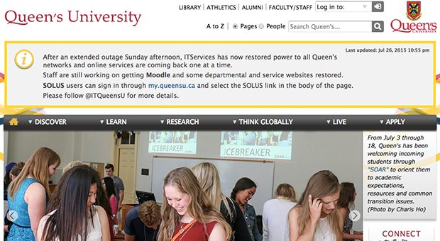 A screenshot of www.queensu.ca with a notice about the outage