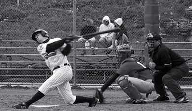 Stephen Gauthier makes contact during Saturday’s doubleheader against York at Megaffin Park.