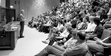 Marc Garneau speaks to students in a Stirling Hall lecture theatre on March 15.