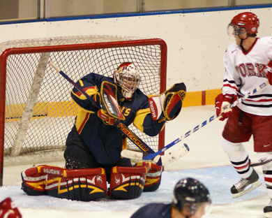 Queen’s goalie Brady Morrison snags a shot Friday against York.