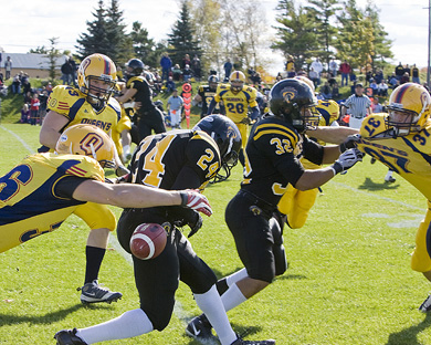 Queen’s Tim Poffley strips the ball from Waterloo’s Spencer Bradbury Saturday. The Gaels won 38-24 to improve to 8-0.