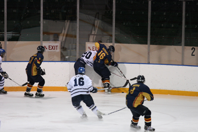 Queen’s defenceman Mike Bushby drives University of Toronto Varsity Blues’ forward Robert Kay into the boards Saturday night at the Memorial Centre. The Gaels won 4-1.