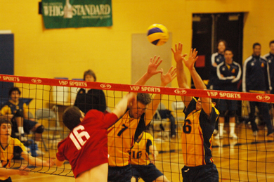 Gaels Darren Edwards (7) and Alex Oneid (6) attempt a block against the Paladins’ Kevin Caverly Wednesday. Queen’s won 3-0.
