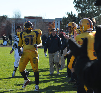Gaels’ defensive lineman Osie Ukwuoma celebrates a defensive play during the Nov. 1 semifinal against the University of Ottawa Gee-Gees.