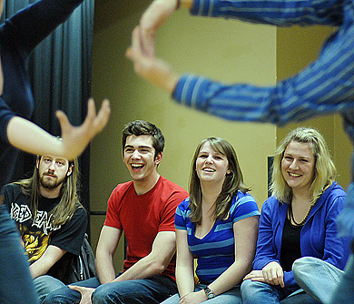 Queen’s Improv makes a scene at their weekly Monday-night practice. Last evening