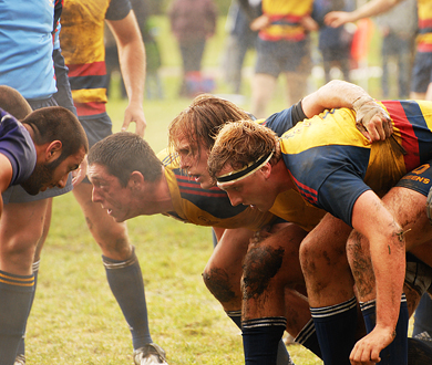 Hooker Mason Curtis (centre) and props Shayne Dolden (left) and Tom Binczyk (right) set up for a scrum against the Mustangs on Saturday in London. The Gaels won 13-12