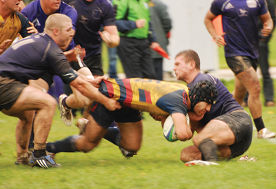 Gaels eight-man Pat Richardson drives for a try during the Gaels’ Oct. 3 one-point win over the Mustangs in London.