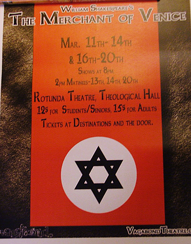 Avi Grenadier says he found Vagabond Theatre’s Merchant of Venice production posters in Kingston Hall. This photo appeared on Twitter user @radio_613’s Twitpic account.