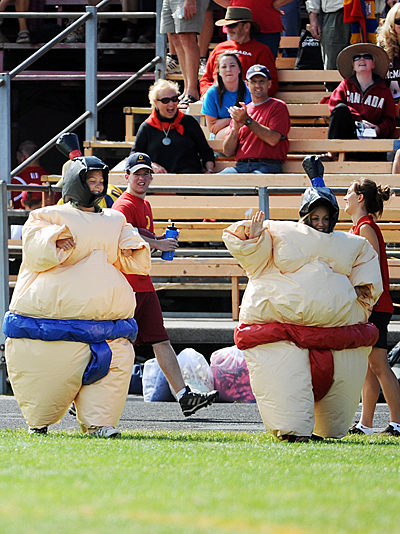 Students dressed in Athletics and Recreation’s sumo suits compete at a Gaels football game earlier this year.