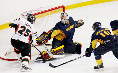 David Aime stops a UQTR shot on Friday at the Kingston Memorial Centre in the 7-4 loss.