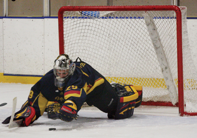 Goaltender David Aime makes a save against the UQTR Patriotes on Nov. 12 Aime was in net in the Gaels’ 6-2 against the Ryerson Rams.