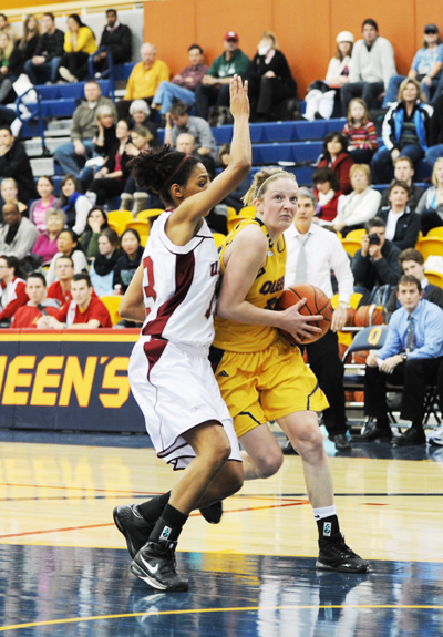 Guard Brittany Moore posted 18 points in the 62-51 loss to the Ryerson Rams.